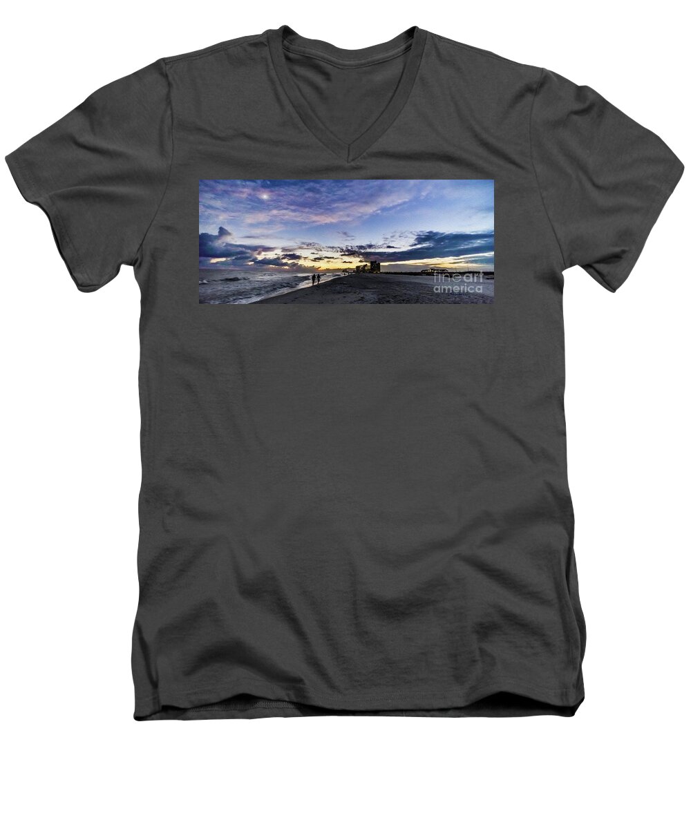 Al Men's V-Neck T-Shirt featuring the photograph Moonlit Beach Sunset Seascape 0272C by Ricardos Creations