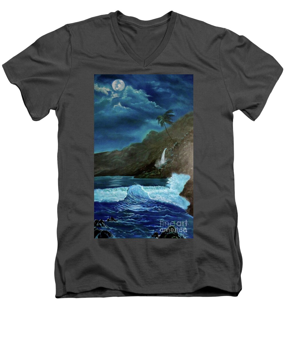 Seascape Men's V-Neck T-Shirt featuring the painting Moonlit Wave by Jenny Lee