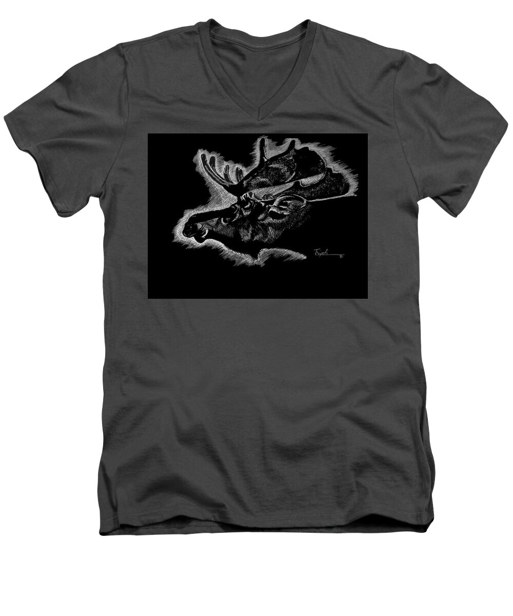 Wildlife Men's V-Neck T-Shirt featuring the drawing Moose by Lawrence Tripoli