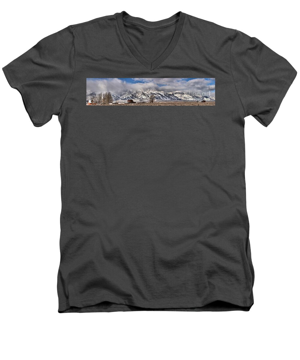 Mormon Row Men's V-Neck T-Shirt featuring the photograph Mormon Row Snowy Extended Panorama by Adam Jewell