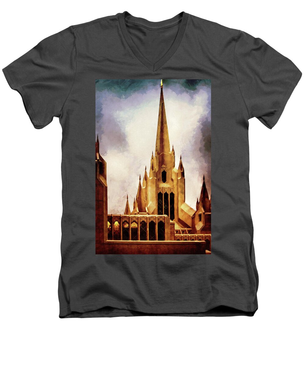 Architecture Men's V-Neck T-Shirt featuring the mixed media Mormon Temple Steeple by Joseph Hollingsworth