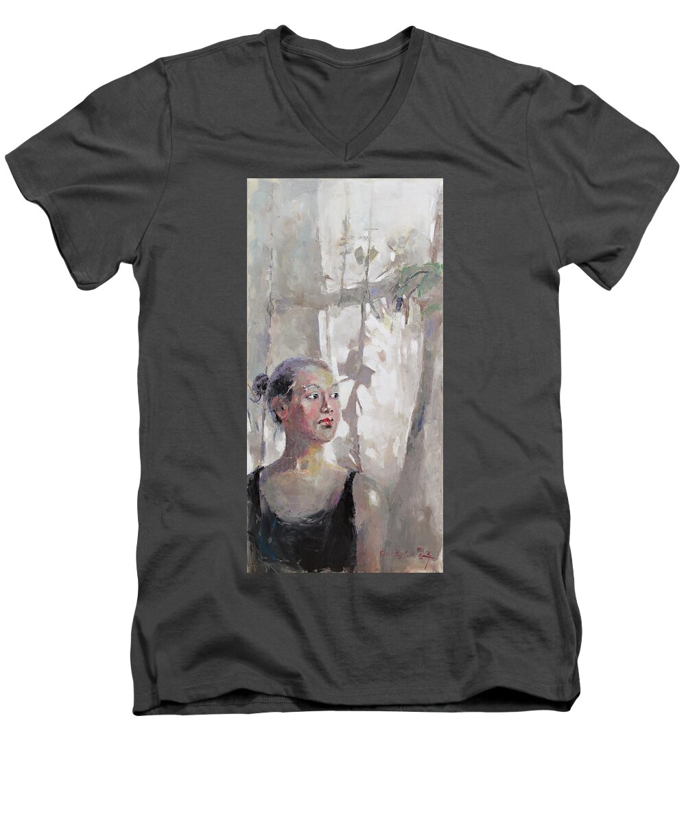Oil Men's V-Neck T-Shirt featuring the painting Morning by Becky Kim