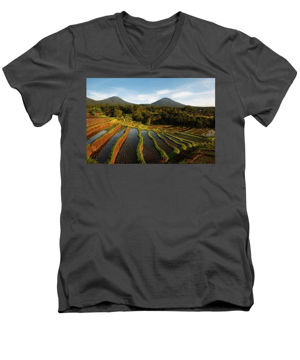 Jatiluwih Men's V-Neck T-Shirt featuring the photograph Morning on the Terrace by Andrew Kumler