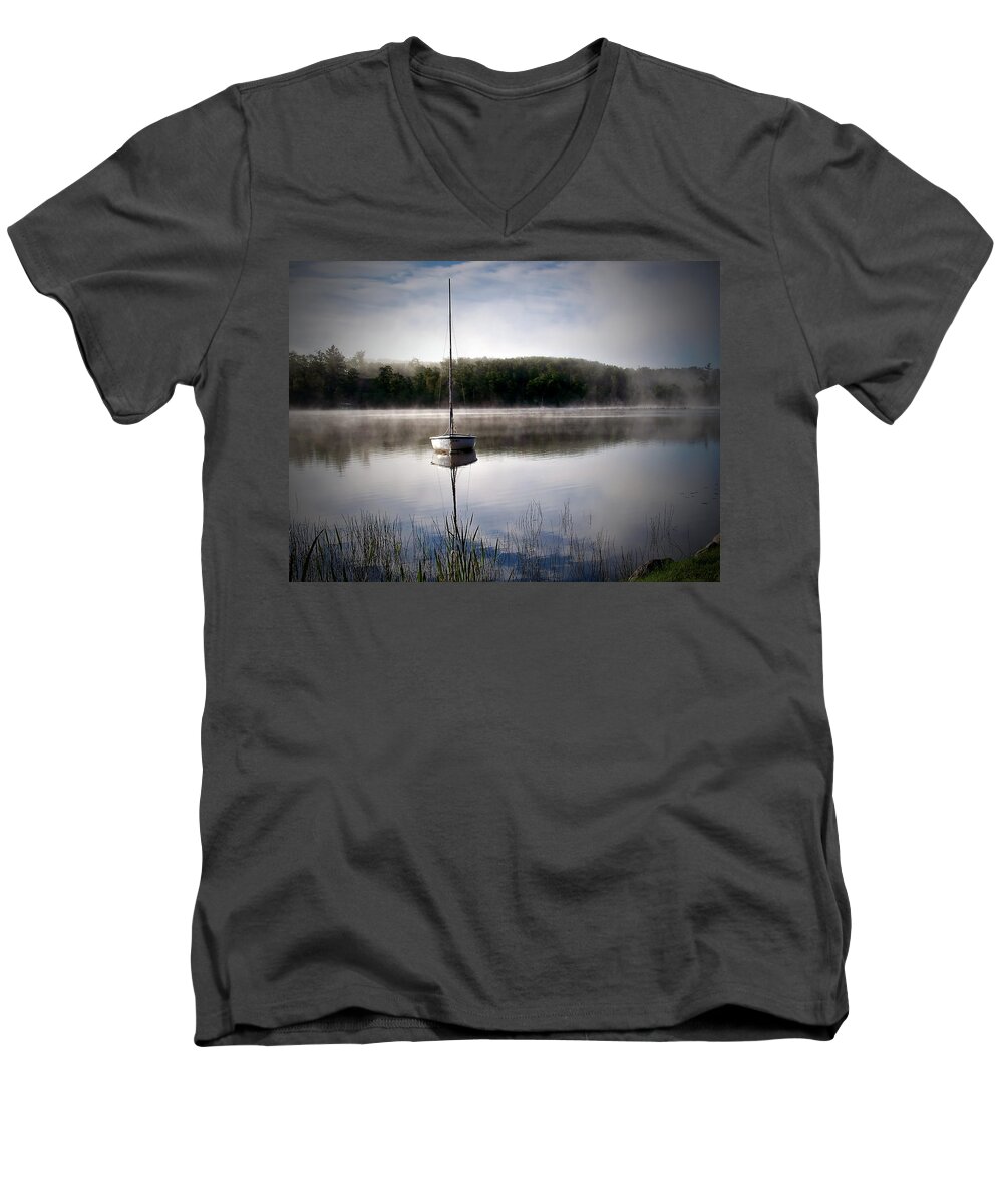 Landscape Men's V-Neck T-Shirt featuring the photograph Morning on White Sand Lake by Lauren Radke