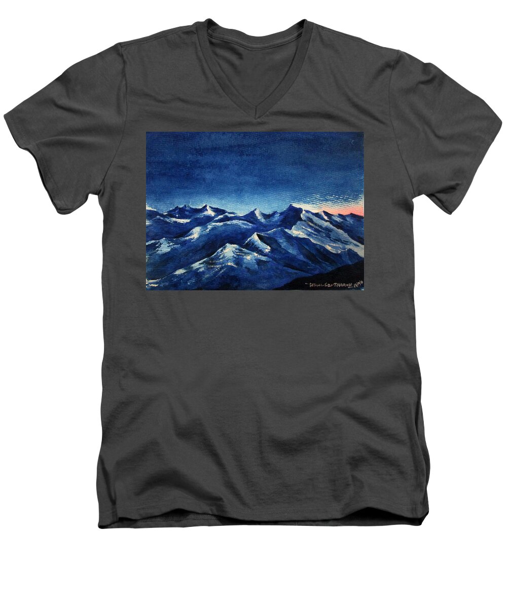 Art Men's V-Neck T-Shirt featuring the painting Mountain -4 by Tamal Sen Sharma