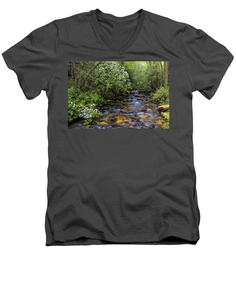Mountain Laurels Men's V-Neck T-Shirt featuring the photograph Mountain Laurels light up Panther Creek by Barbara Bowen
