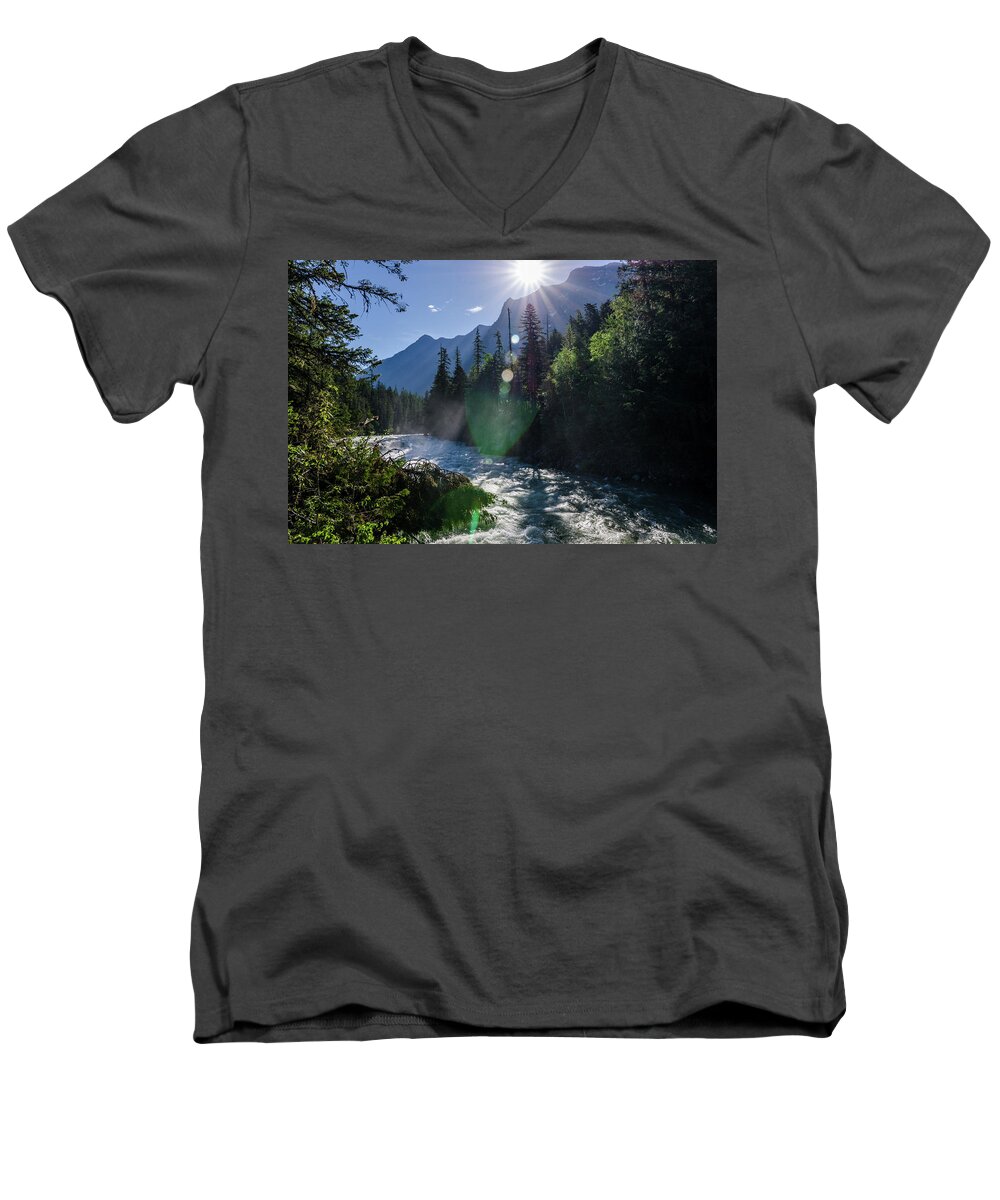 Glacier Men's V-Neck T-Shirt featuring the photograph Mountain Sunburst by Margaret Pitcher