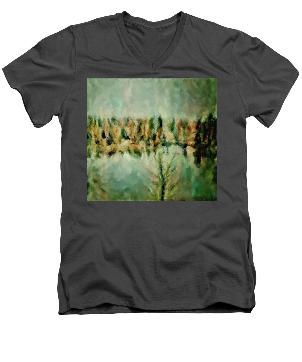 Movie A Chance In The World Men's V-Neck T-Shirt featuring the painting Movie A Chance In The World Placid Lake Frozen In The Winter Fall Ice Bitter Cold Uninviting Cool Pa by MendyZ