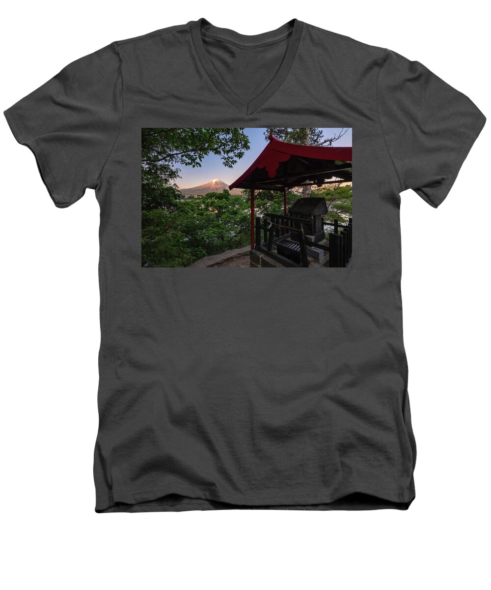 Fujikawaguchiko Men's V-Neck T-Shirt featuring the photograph Mt Fuji from Ubuyagasaki Shrine by Craig Szymanski