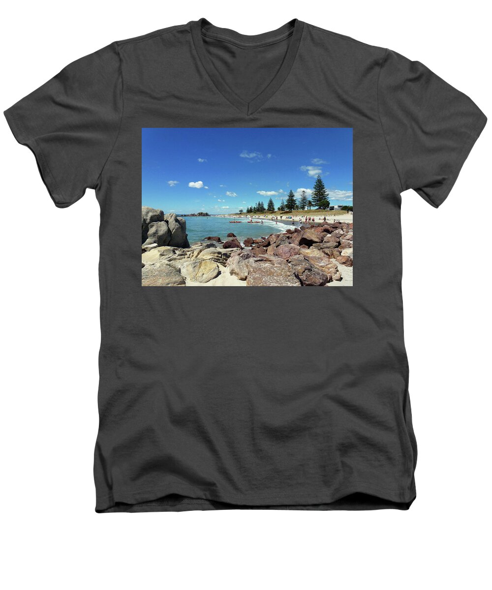 Mt Maunganui Men's V-Neck T-Shirt featuring the photograph Mt Maunganui Beach 3 - Tauranga New Zealand by Selena Boron