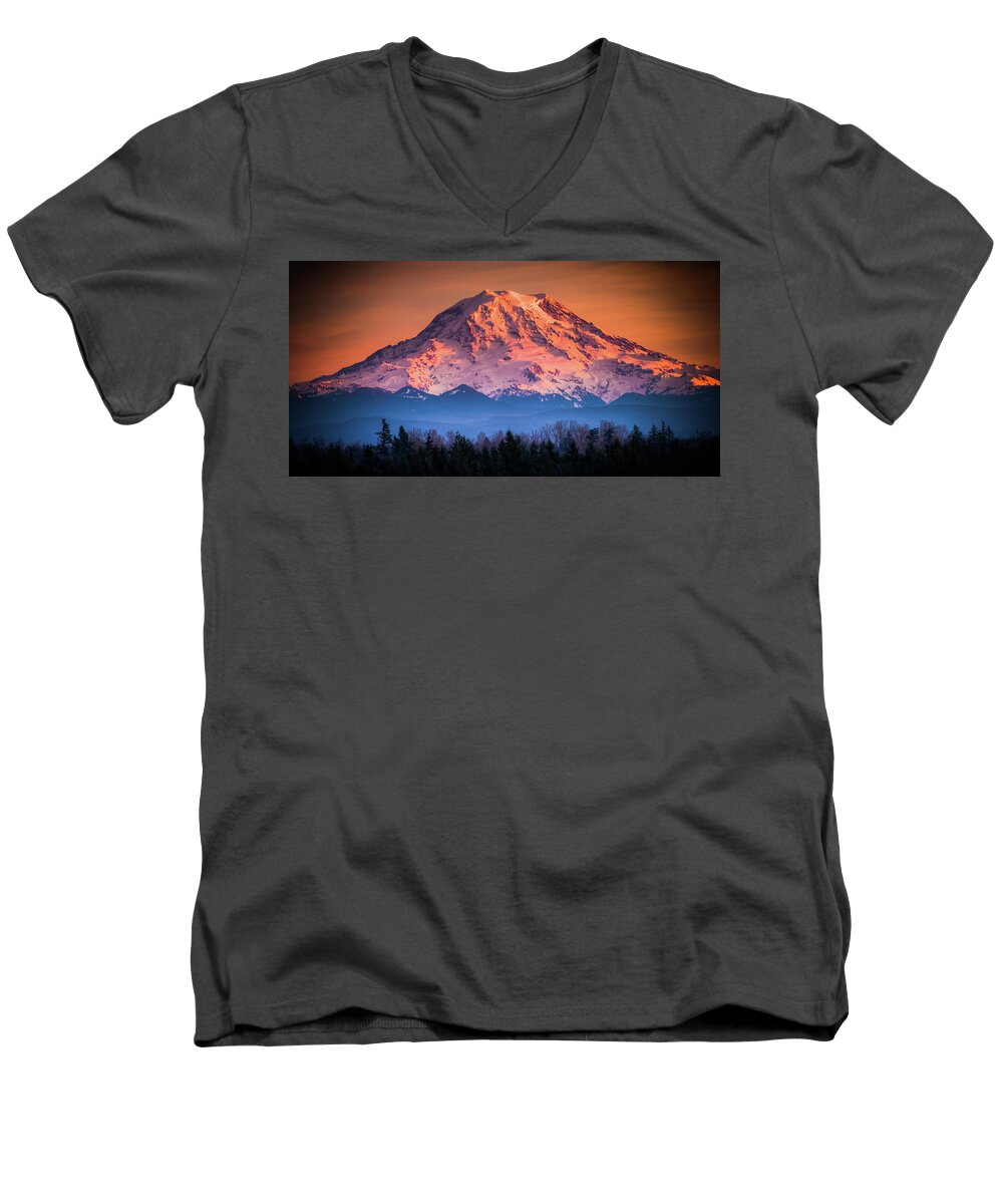 Rainier Men's V-Neck T-Shirt featuring the photograph Mt. Rainier Sunset by Chris McKenna
