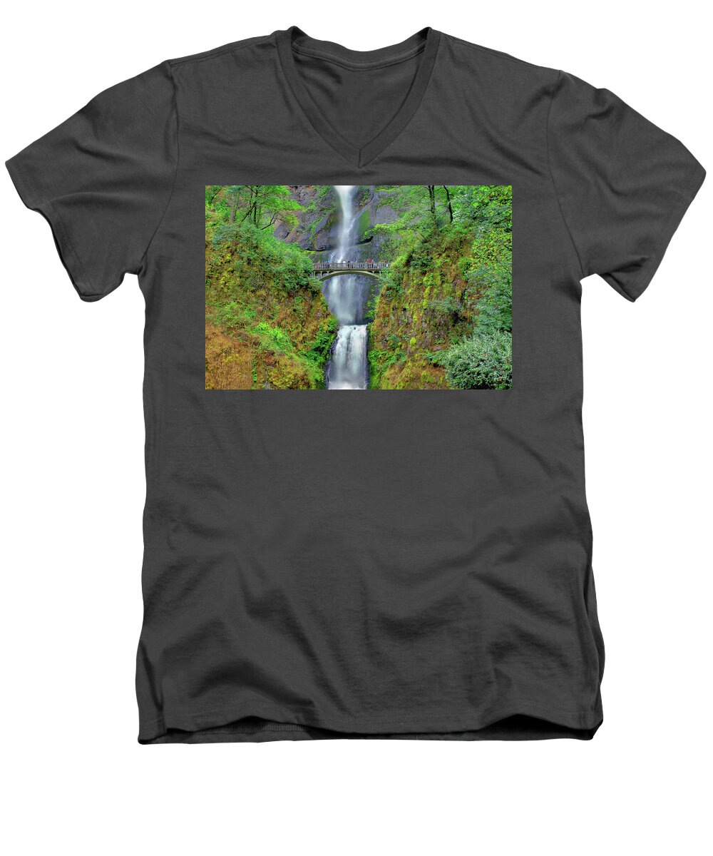 Waterfalls Men's V-Neck T-Shirt featuring the photograph Multnomah Falls 2 by SC Heffner