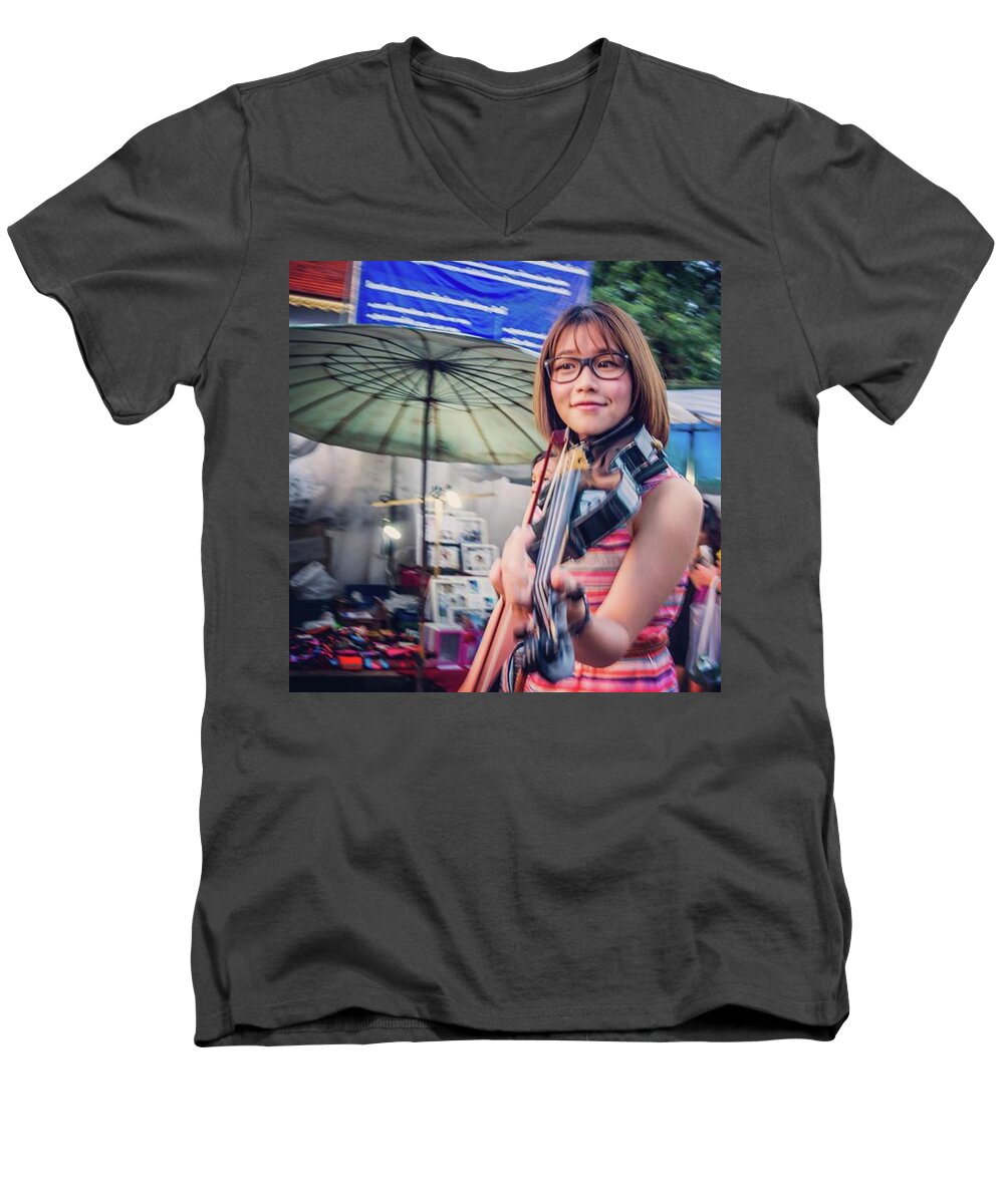 Busking Men's V-Neck T-Shirt featuring the photograph Music On The Streets, Chiang Mai by Aleck Cartwright