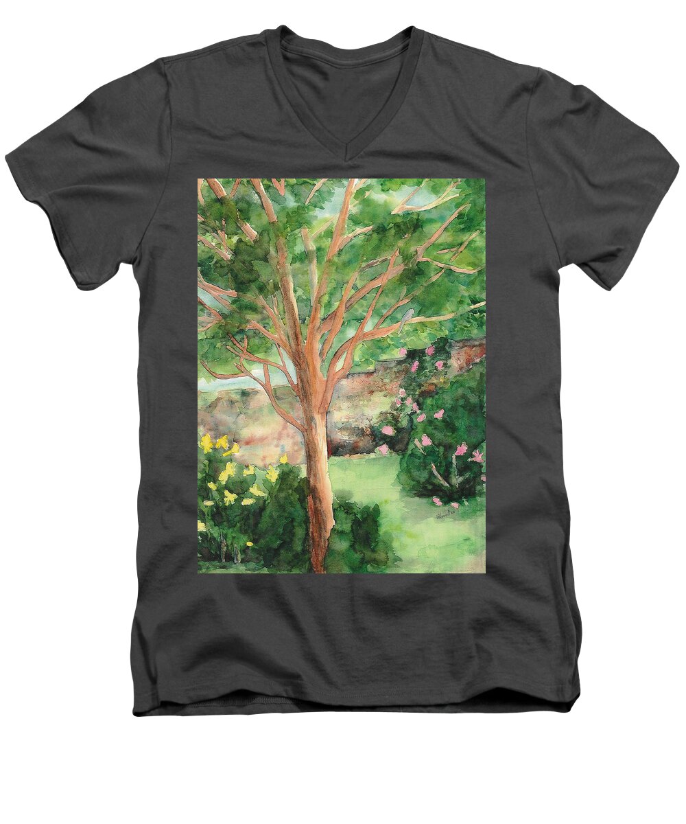 Landscape Men's V-Neck T-Shirt featuring the painting My Backyard by Vicki Housel