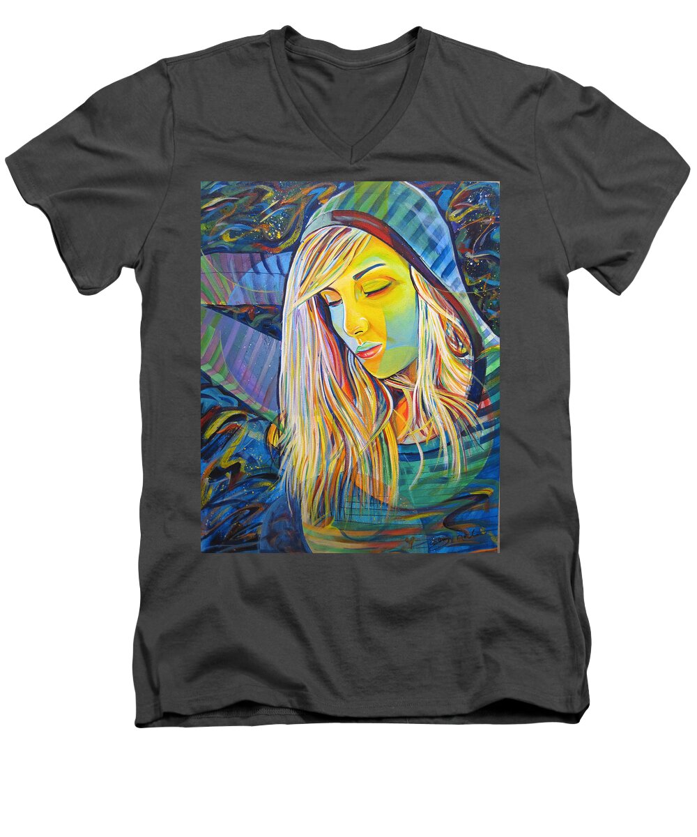 Colorful Men's V-Neck T-Shirt featuring the painting My Love by Joshua Morton