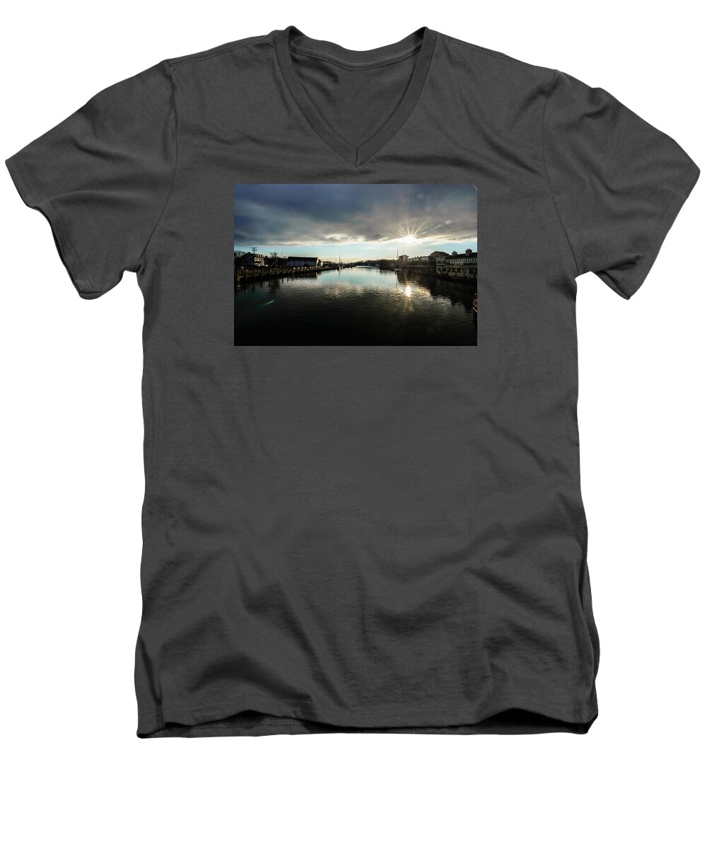 Sunset Men's V-Neck T-Shirt featuring the photograph Mystic River by Robert McKay Jones