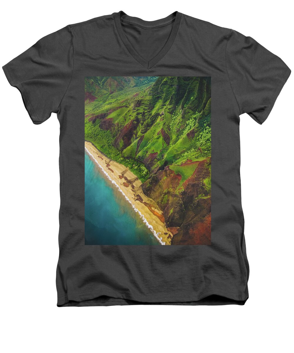 Aerial Men's V-Neck T-Shirt featuring the photograph Na Pali Coast Aerial by Andy Konieczny
