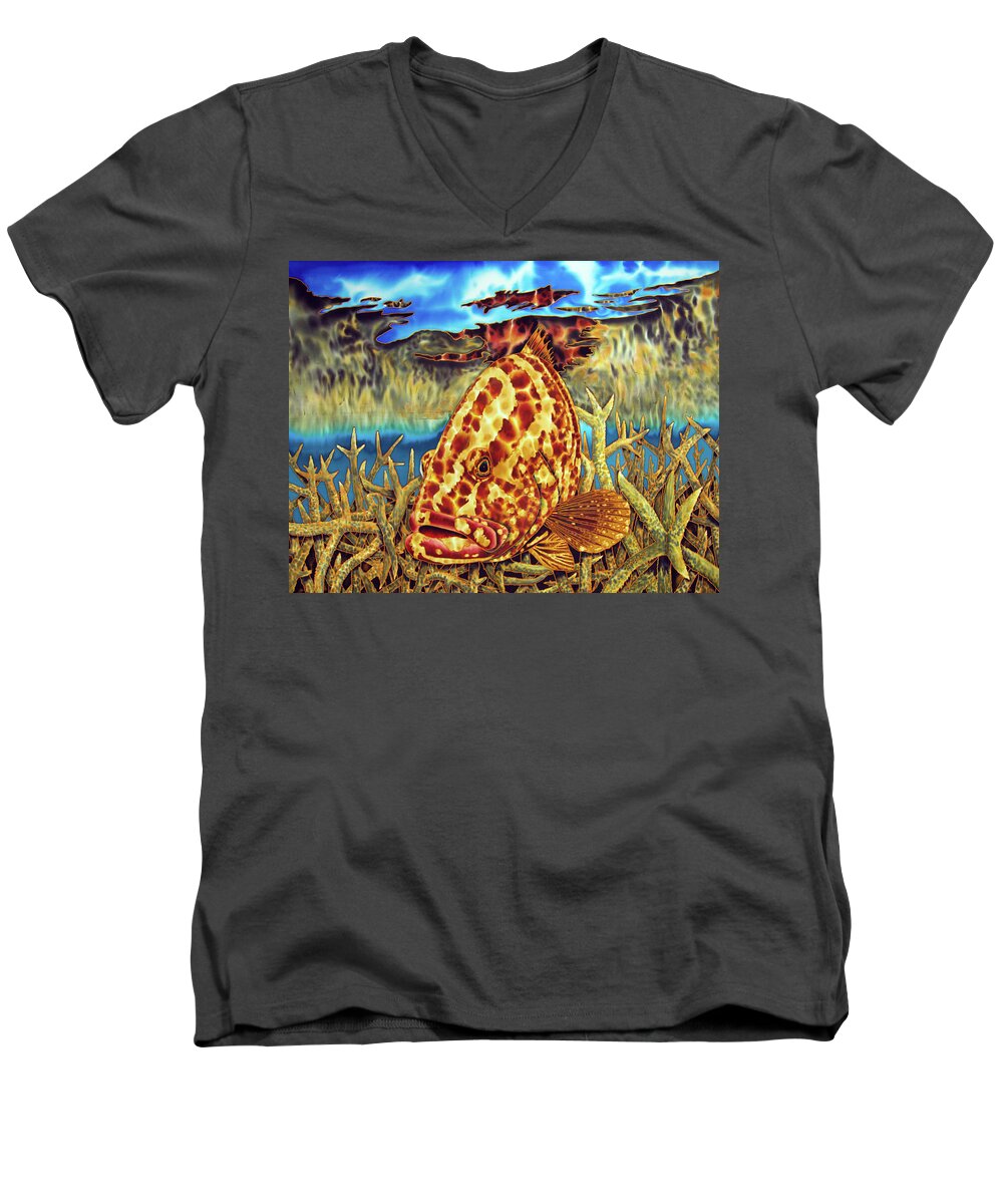Nassau Grouper Men's V-Neck T-Shirt featuring the painting Nassau Grouper and Staghorn Coral by Daniel Jean-Baptiste