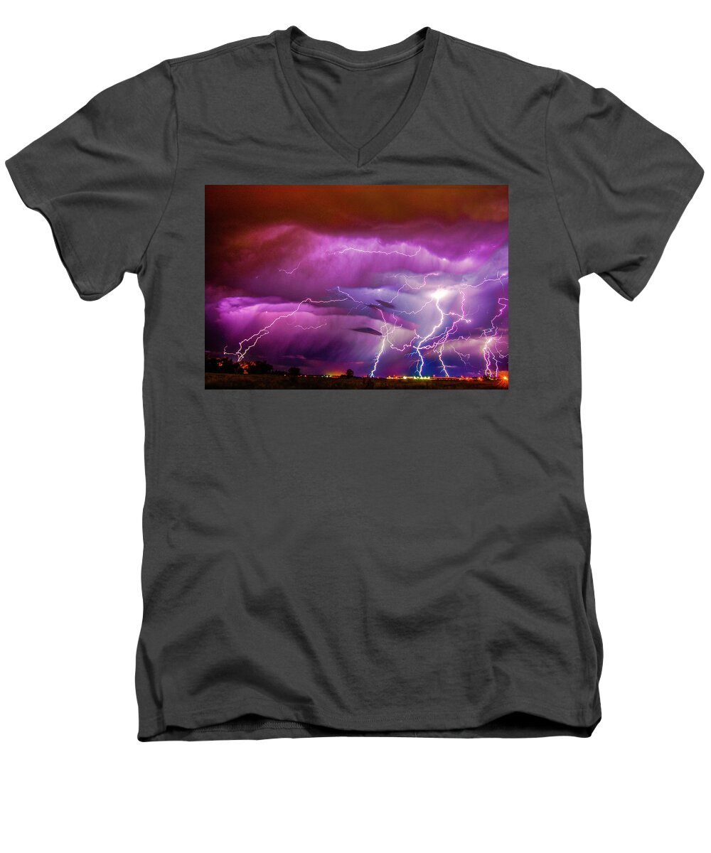 Nebraskasc Men's V-Neck T-Shirt featuring the photograph Nasty But Awesome Late Night Lightning 008 by NebraskaSC