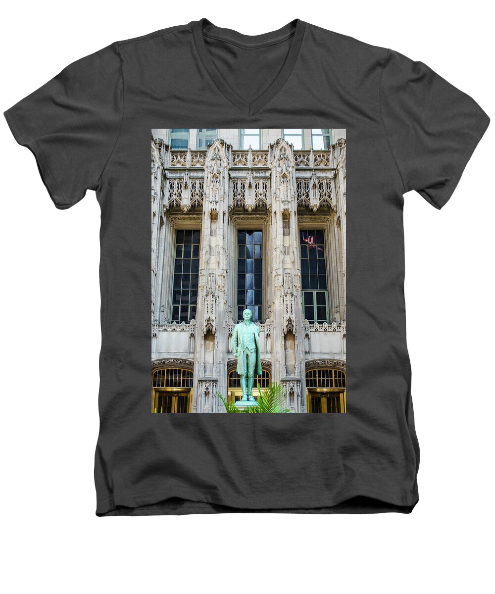 Nathan Hale Men's V-Neck T-Shirt featuring the photograph Nathan Hale Statue Chicago Tribune Building by Deborah Smolinske