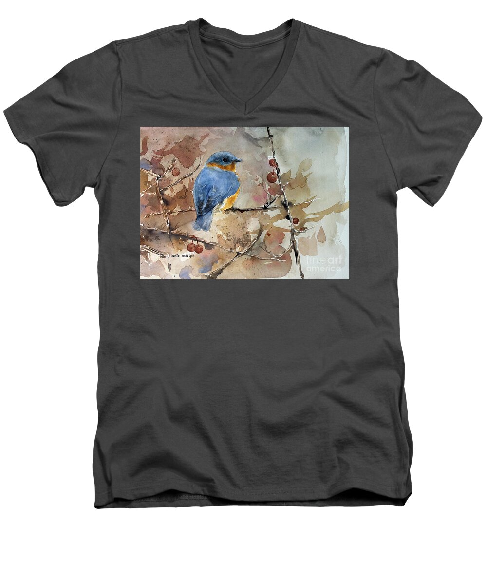 A Male Eastern Bluebird Rests On A Limb In Winter. Men's V-Neck T-Shirt featuring the painting Near Spring by Monte Toon