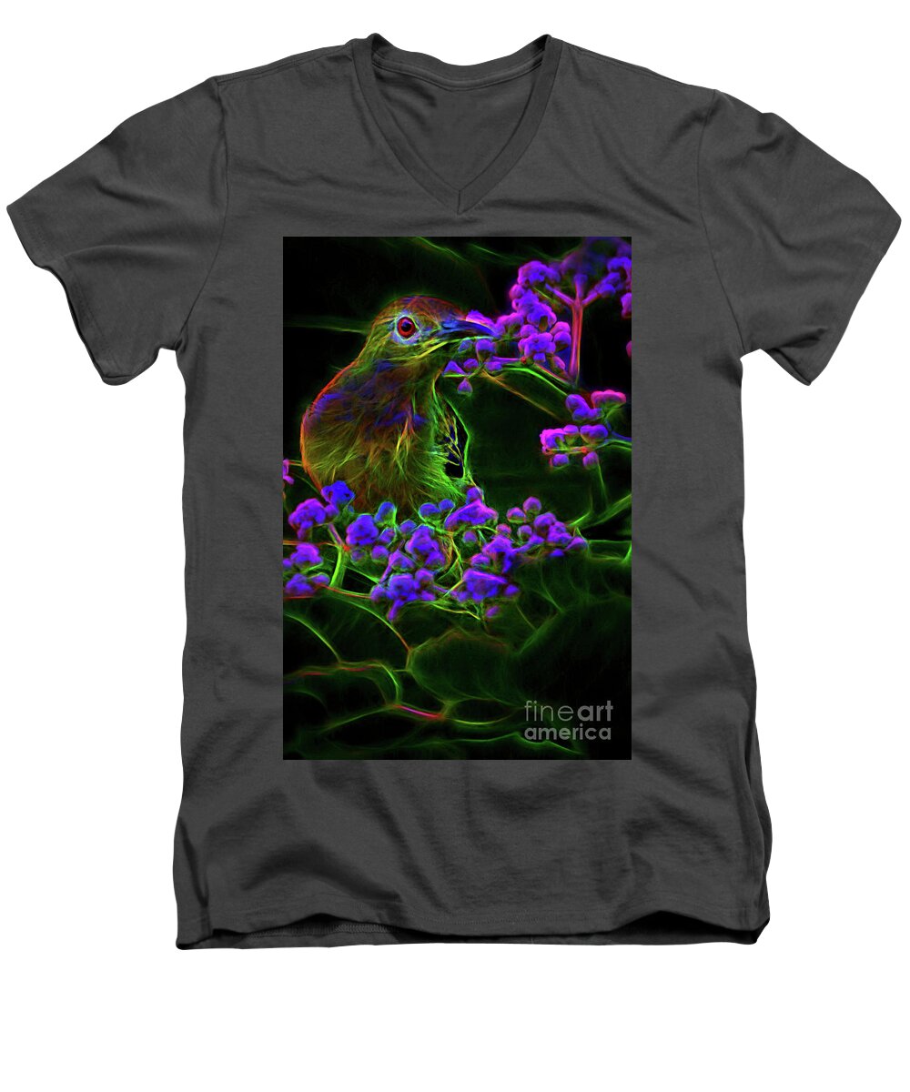 Animal Men's V-Neck T-Shirt featuring the digital art Neon Sunbird by Ray Shiu