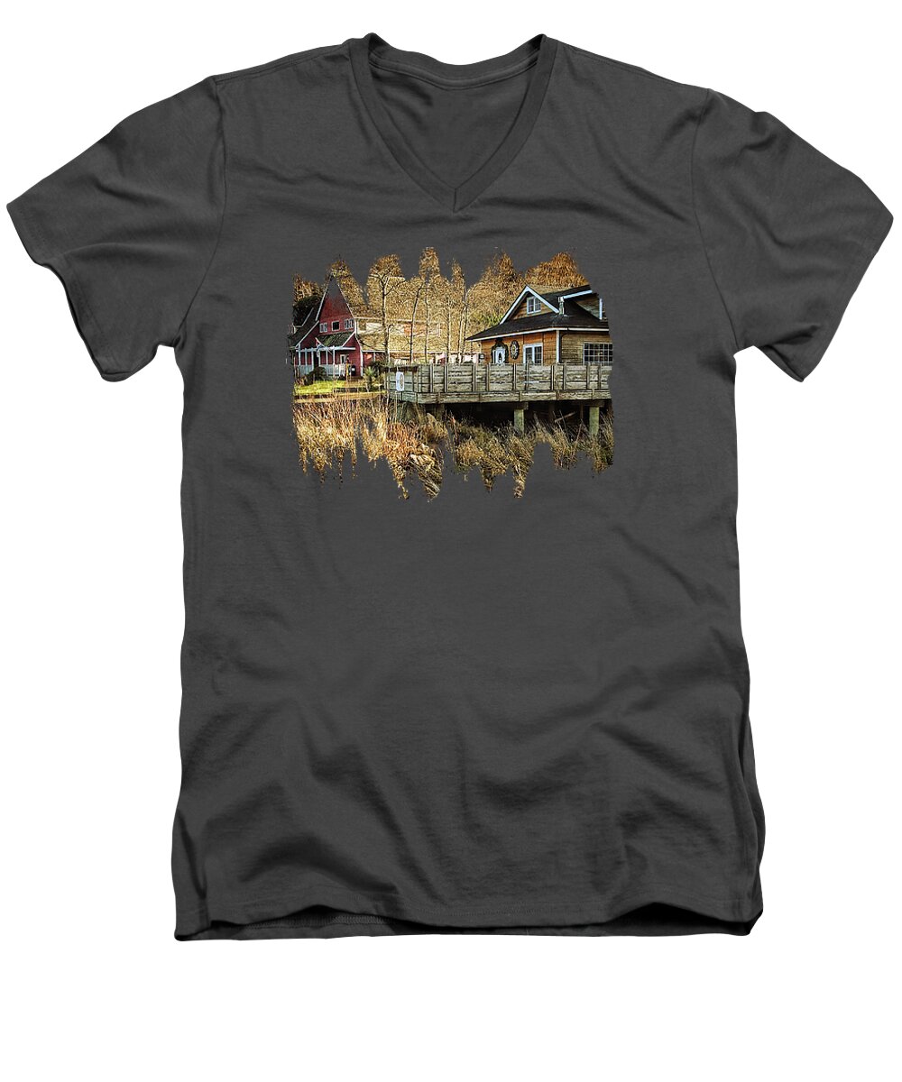 Hdr Men's V-Neck T-Shirt featuring the photograph Neskowin Trading Company And Cafe On Hawk Creek by Thom Zehrfeld