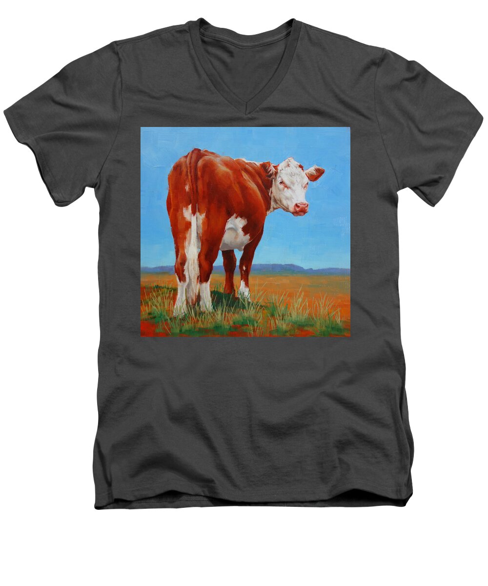 Cow Men's V-Neck T-Shirt featuring the painting New Horizons Undecided by Margaret Stockdale