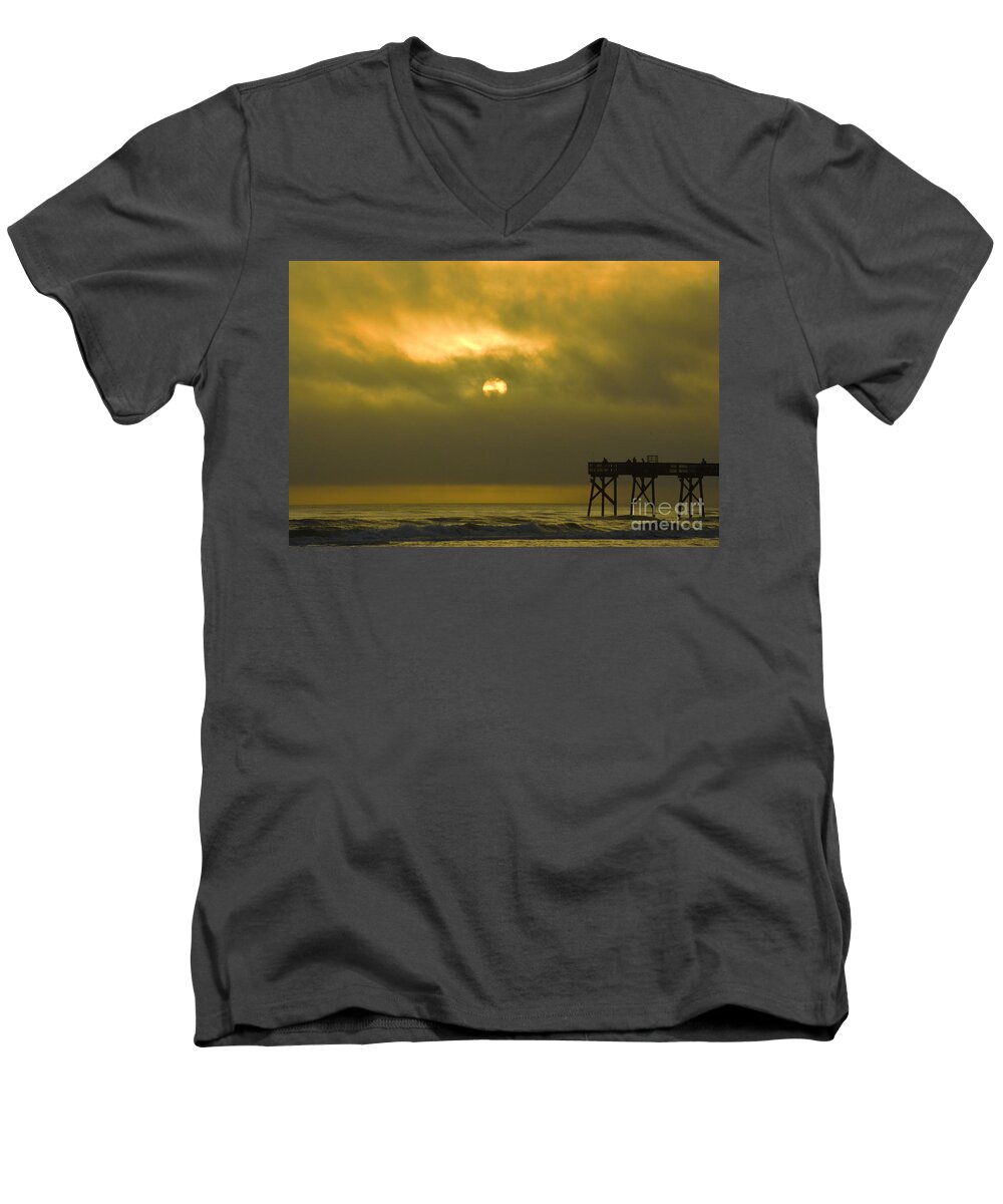Sunrise Men's V-Neck T-Shirt featuring the photograph Moody Sunrise with pier 12-31-15 by Julianne Felton