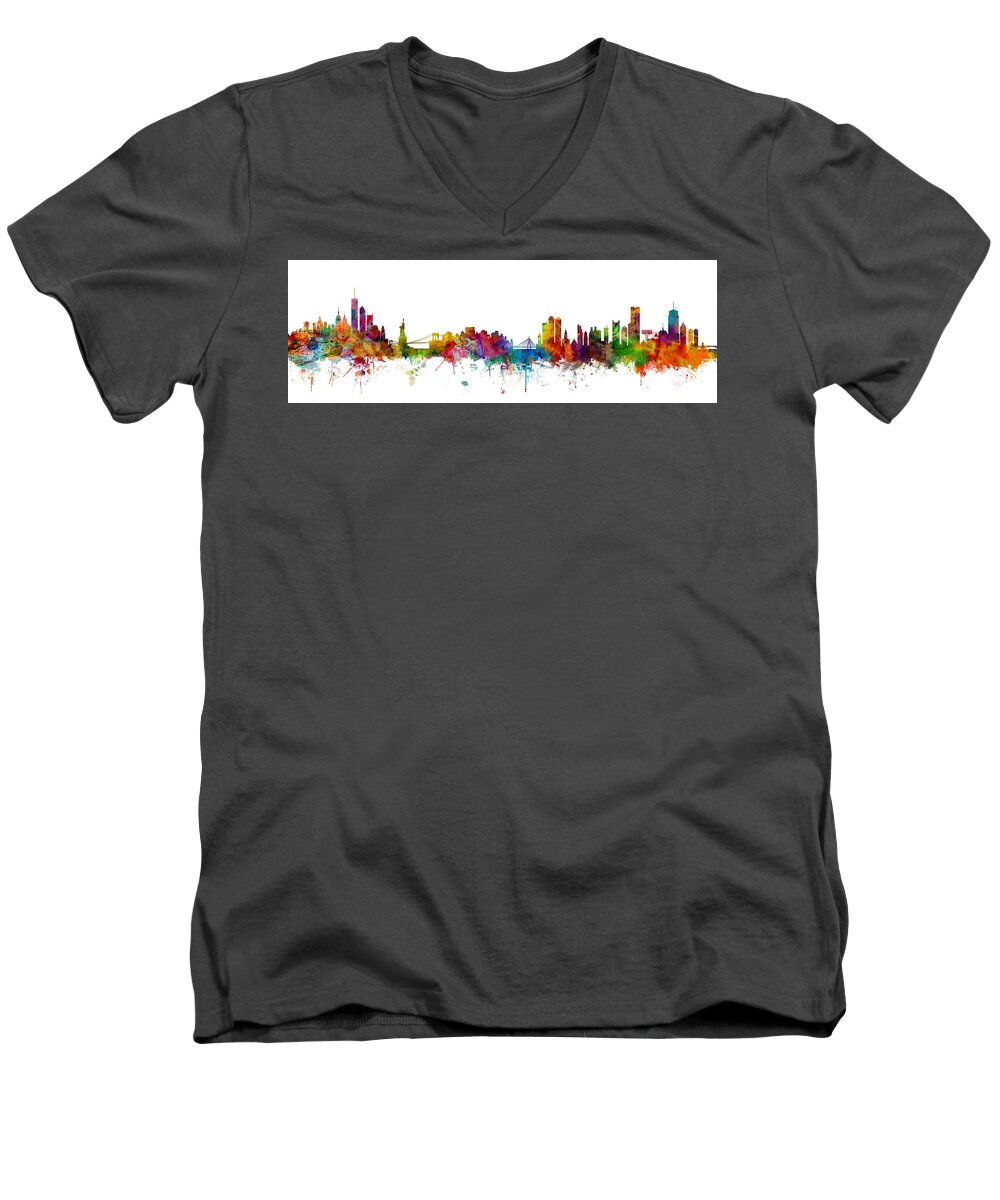 Boston Men's V-Neck T-Shirt featuring the digital art New York and Boston Skyline Mashup by Michael Tompsett