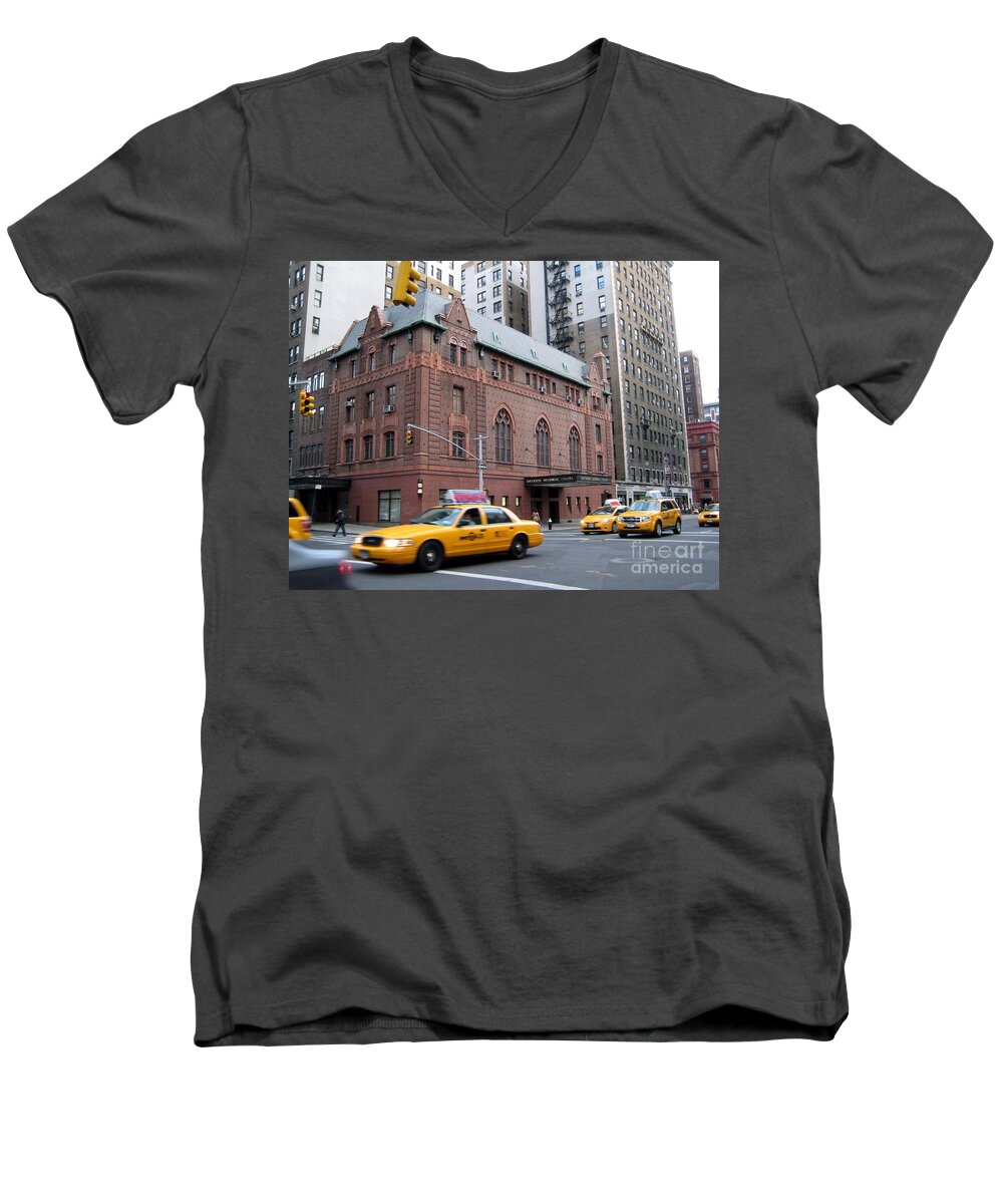 Architecture Men's V-Neck T-Shirt featuring the photograph New York City Yellow Cab - Amsterdam - West Seventy Sixth by Susan Carella