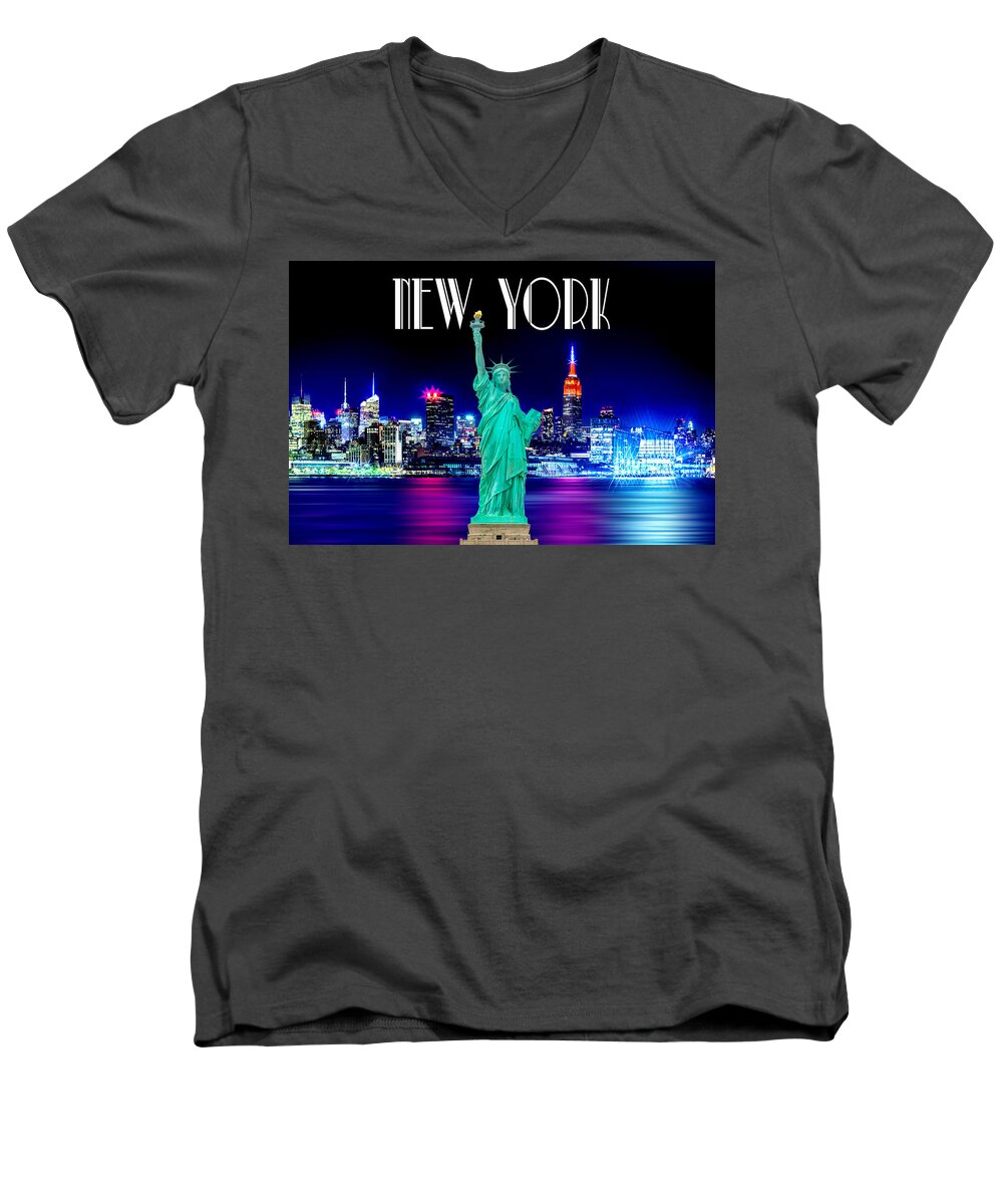 New York City Skyline Men's V-Neck T-Shirt featuring the photograph New York Shines by Az Jackson