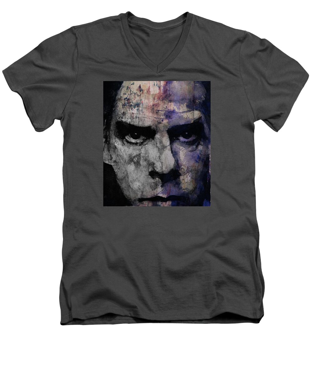 Nick Cave Men's V-Neck T-Shirt featuring the painting Nick Cave Retro by Paul Lovering