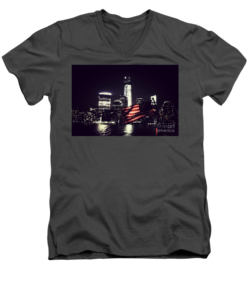 New York City Skyline Men's V-Neck T-Shirt featuring the photograph Night Flag by HELGE Art Gallery