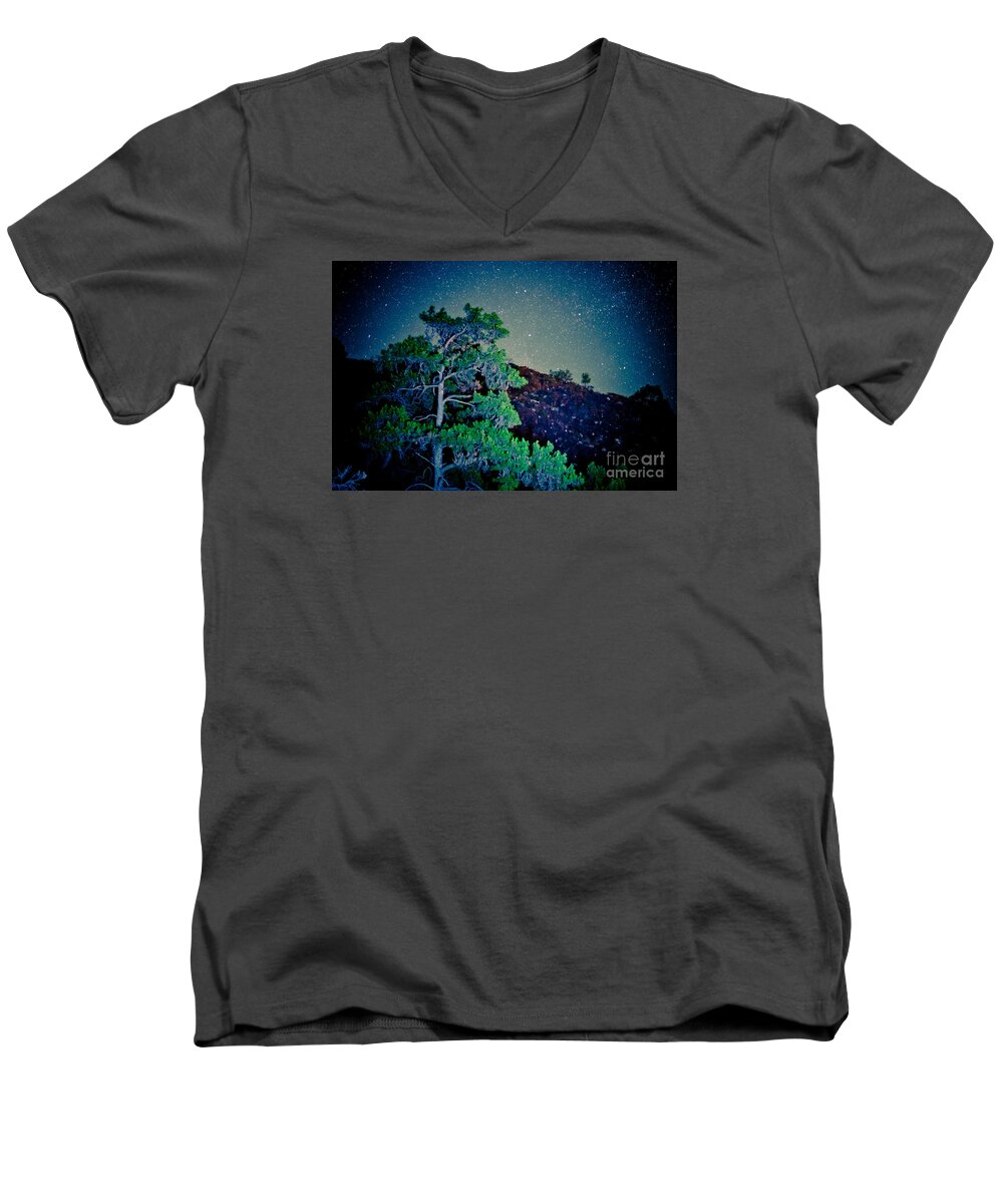 Water Men's V-Neck T-Shirt featuring the photograph Night sky scene with pine and stars Artmif.lv by Raimond Klavins