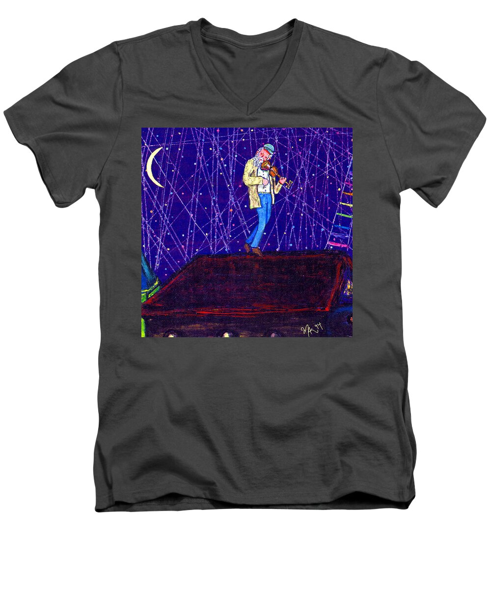 Jewish Men's V-Neck T-Shirt featuring the painting Night Song by Michael A Klein