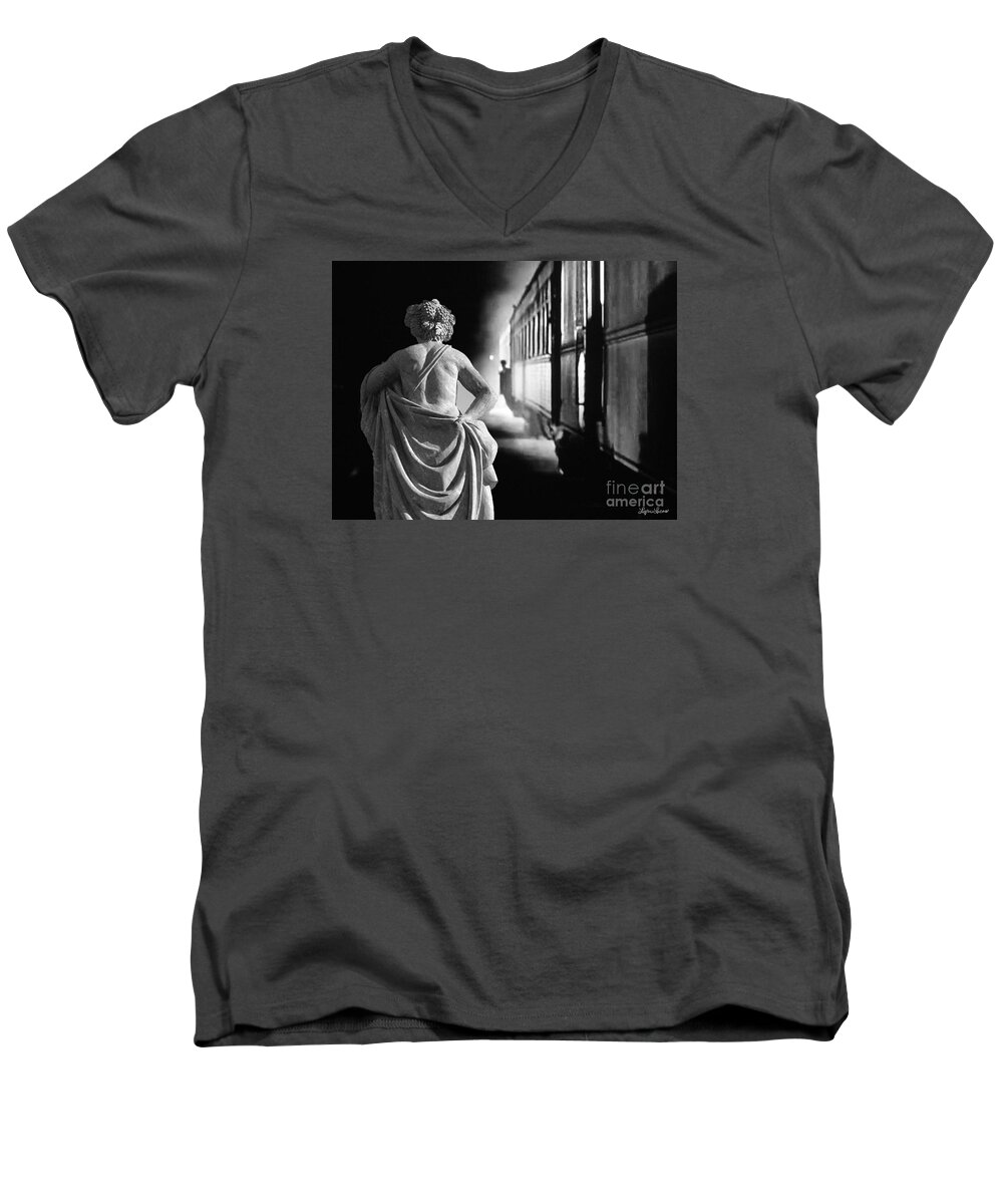 Surrealism Men's V-Neck T-Shirt featuring the digital art Night Train by Lyric Lucas