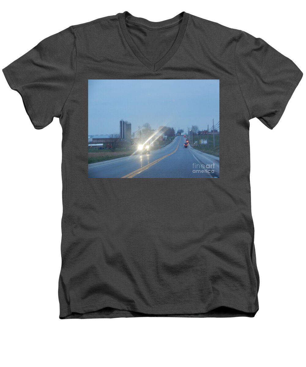 Amish Men's V-Neck T-Shirt featuring the photograph Nightime Travel by Christine Clark