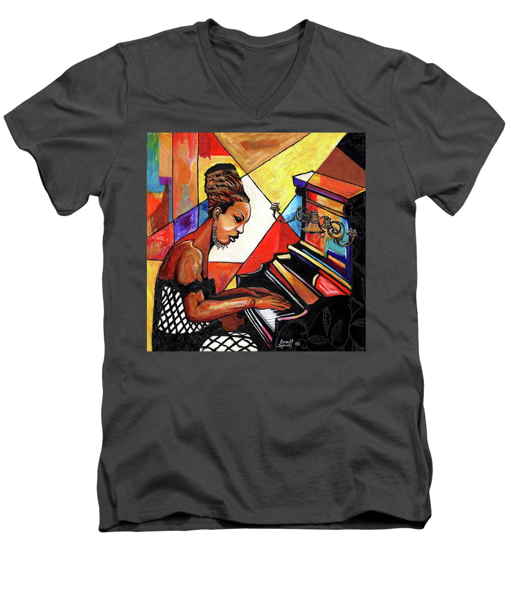 Everett Spruill Men's V-Neck T-Shirt featuring the mixed media Nina Simone by Everett Spruill