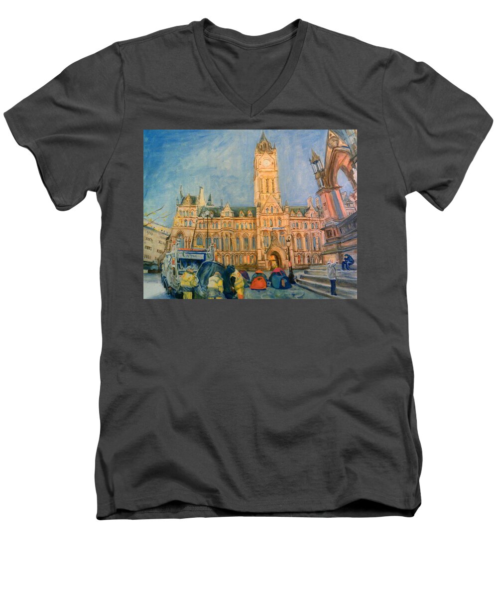 Homeless Men's V-Neck T-Shirt featuring the painting No Homelessness Problem In Manchester, Says Council Leader by Rosanne Gartner