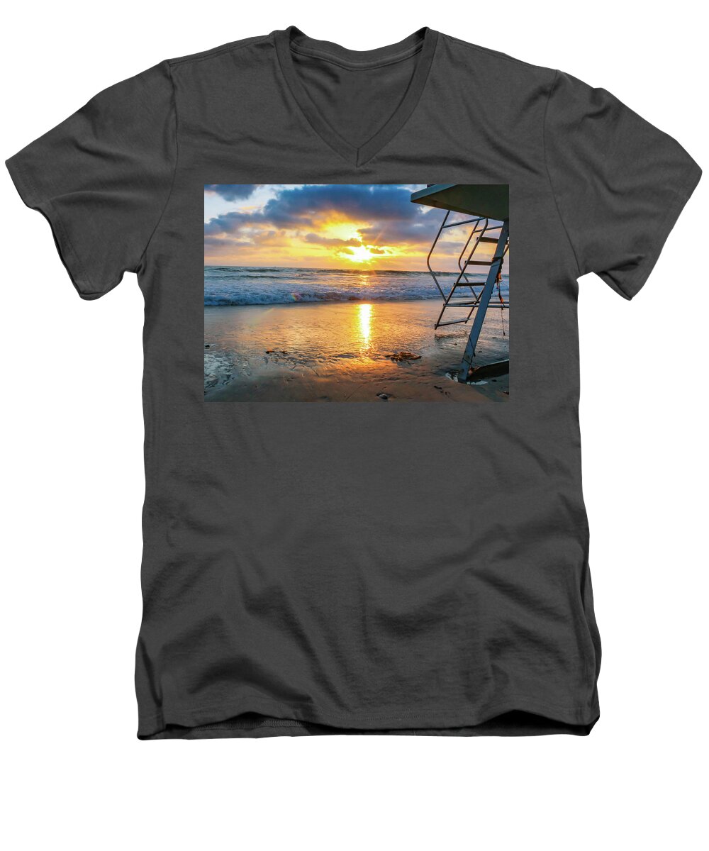 Beach Men's V-Neck T-Shirt featuring the photograph No Lifeguard on Duty by Alison Frank