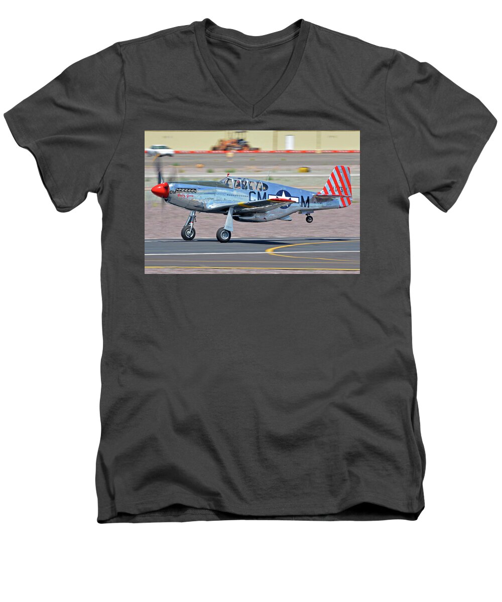 Airplane Men's V-Neck T-Shirt featuring the photograph North American TP-51C-10 Mustang NL251MX Betty Jane Deer Valley Arizona April 13 2016 by Brian Lockett