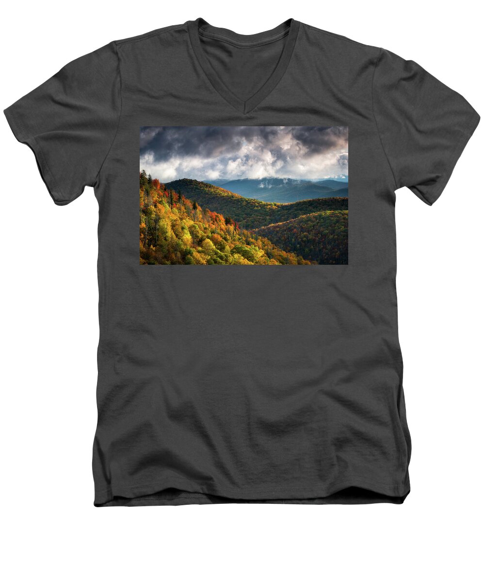 North Carolina Men's V-Neck T-Shirt featuring the photograph North Carolina Mountains Asheville NC Autumn Sunrise by Dave Allen