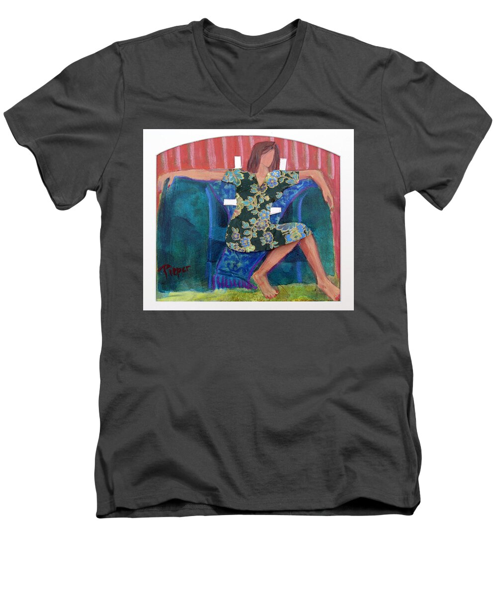 Paper Doll Dress Covering Nude In Big Green Chair Men's V-Neck T-Shirt featuring the painting Nude in Paper Doll Dress by Betty Pieper
