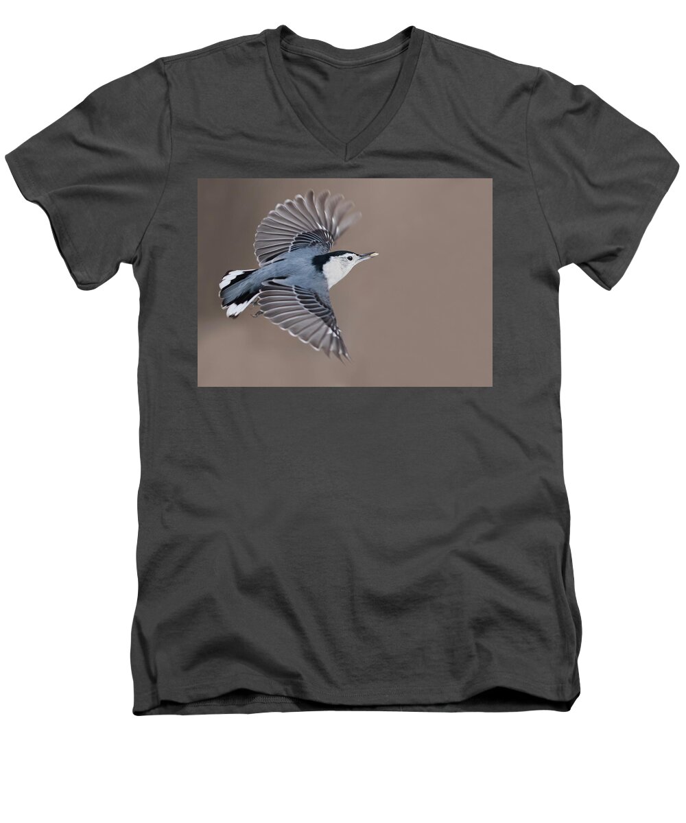 Nuthatch Men's V-Neck T-Shirt featuring the photograph Nuthatch in flight by Mircea Costina Photography