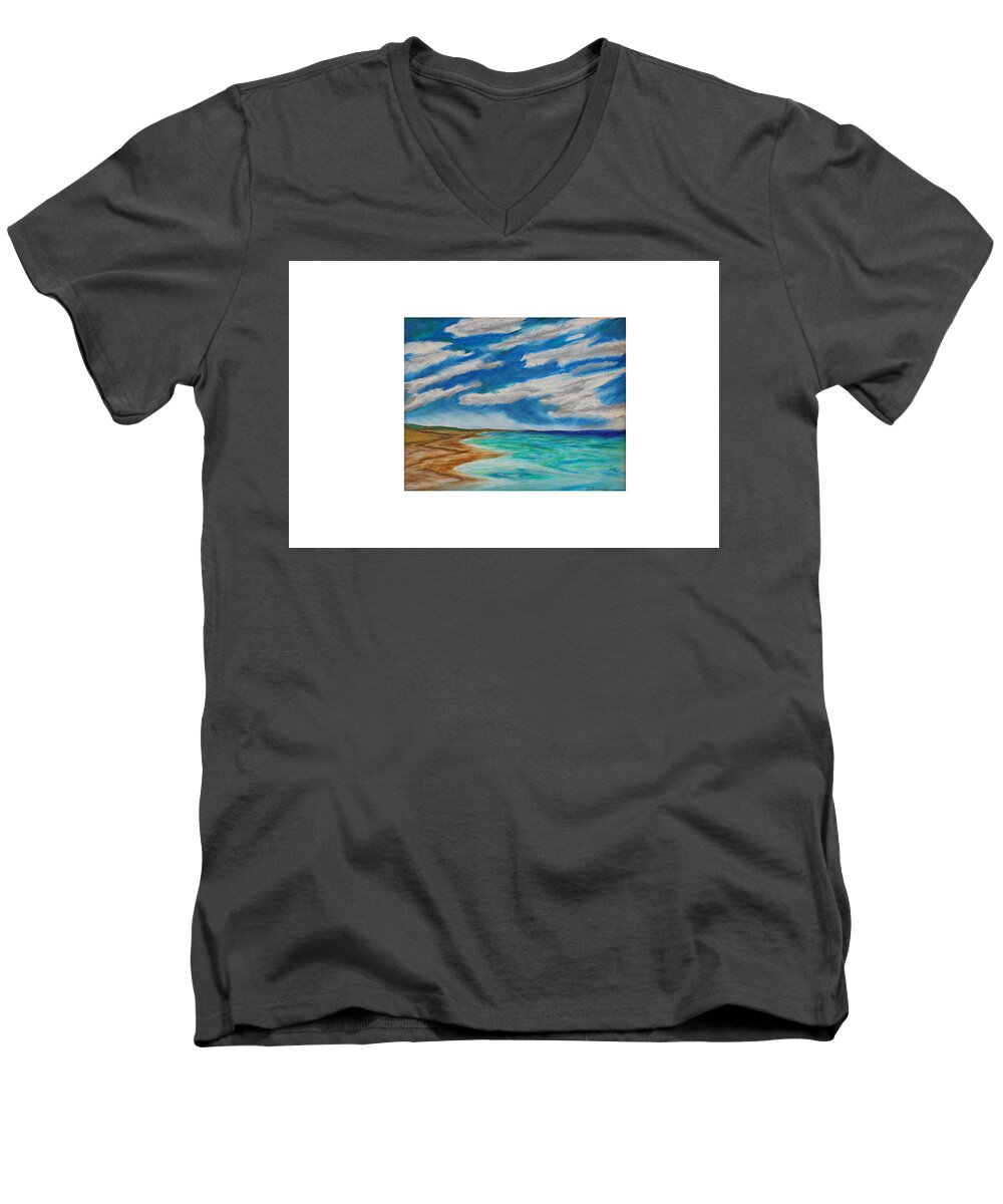 Ocean Beach Sand Tide Waves Sky Coastal Dunes Blue Green Morning Walk Pastel Men's V-Neck T-Shirt featuring the painting Ocean clouds by Daniel Dubinsky