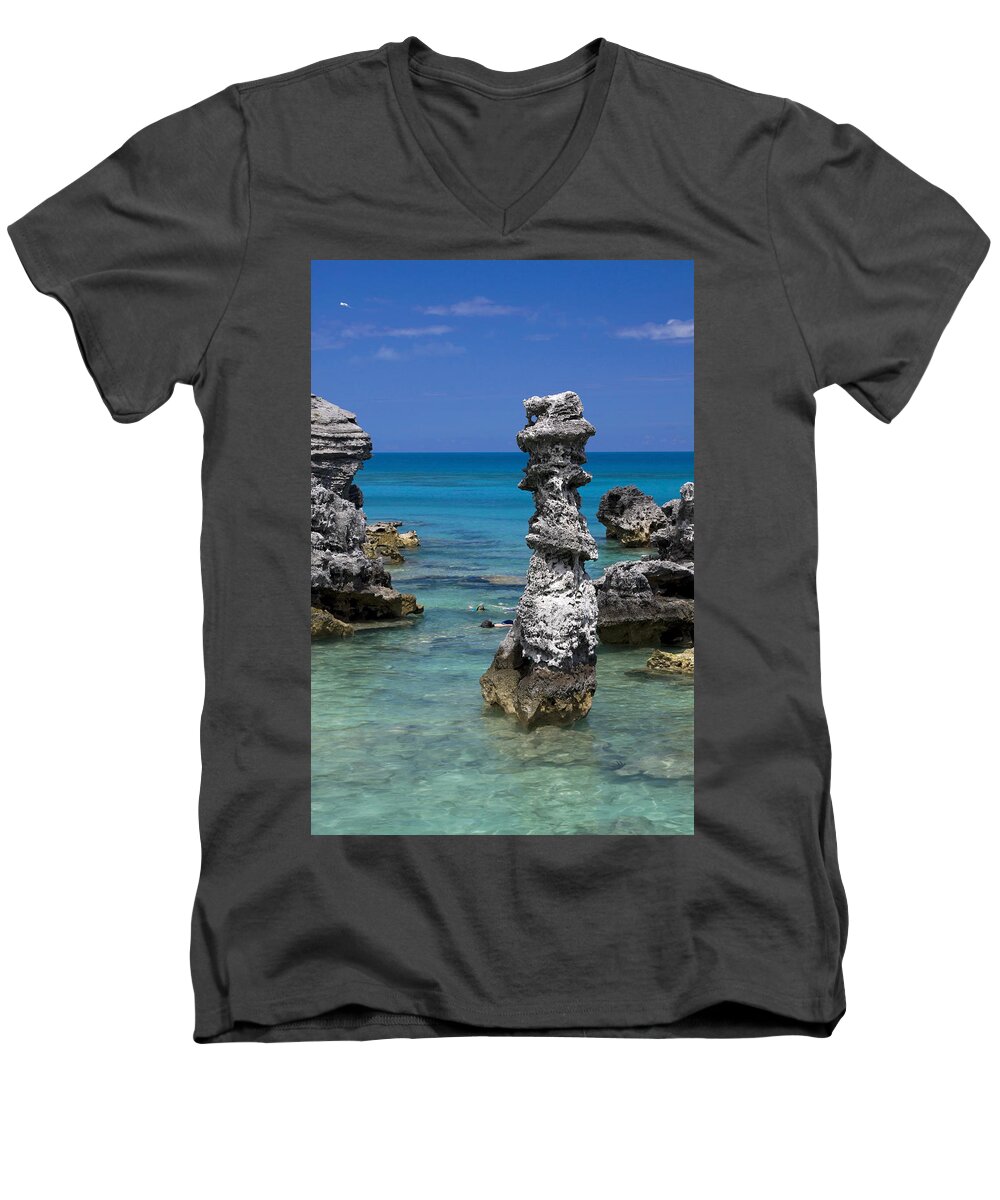 Tobacco Bay Men's V-Neck T-Shirt featuring the photograph Ocean Rock Formations by Sally Weigand