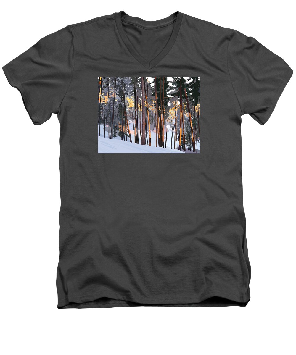 Landscape Men's V-Neck T-Shirt featuring the painting Office view winter alpenglow by Pam Little