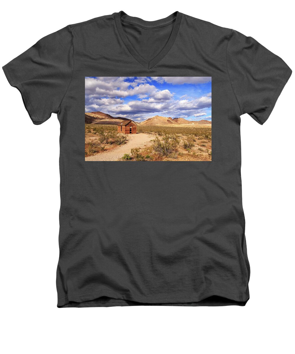 Cabin Men's V-Neck T-Shirt featuring the photograph Old Cabin At Rhyolite by James Eddy