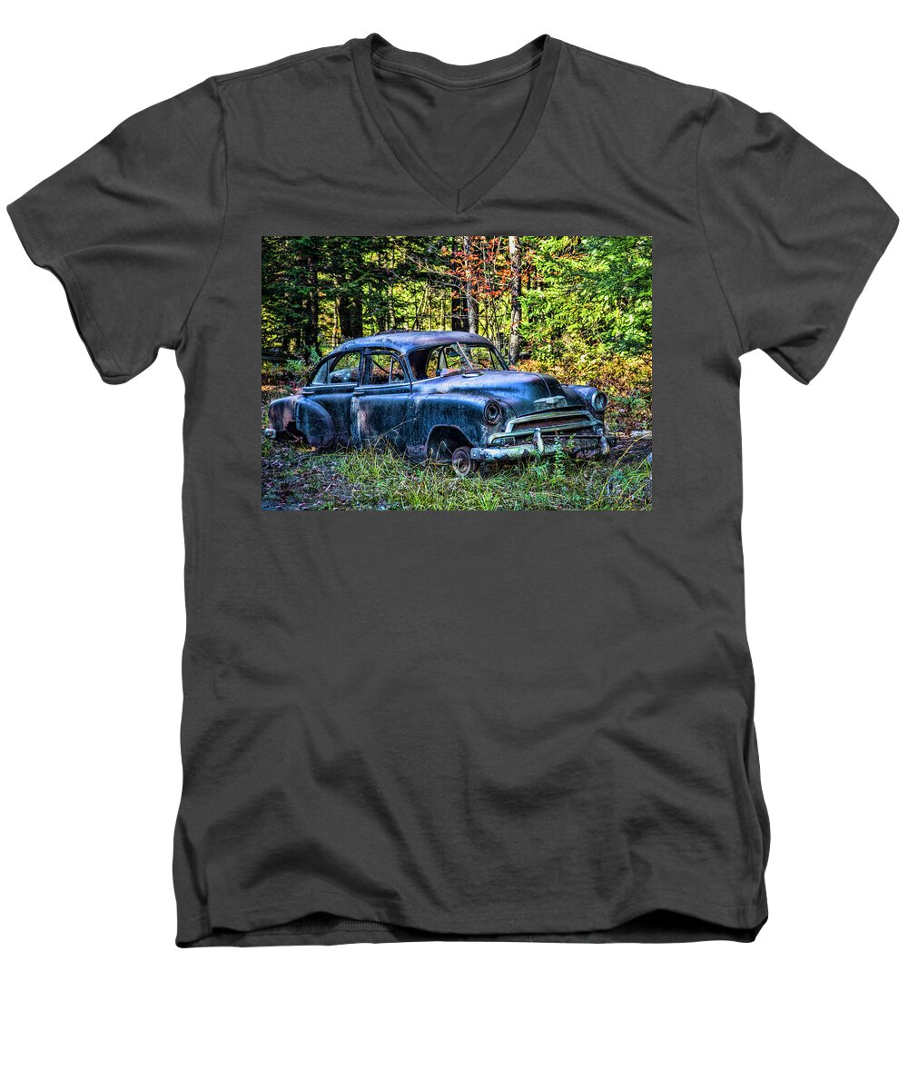 Blue Car Men's V-Neck T-Shirt featuring the photograph Old Car by Alana Ranney